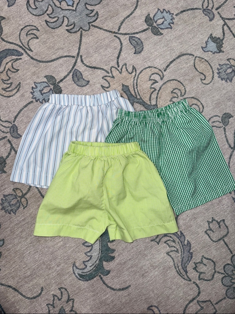 Boys Elastic-Waist Shorts Trio Green Gingham, Light Blue Striped 12 M